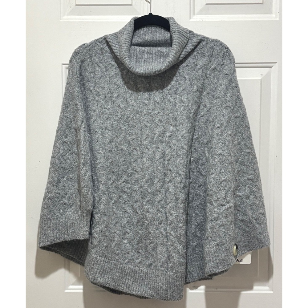 Puli Women Heather Grey Cable Knit Turtleneck Poncho Cape with Buttons NWT